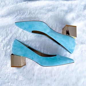 $598 LORIBLU Pumps Aquamarine Gold Block Heel Pointy Toe Suede Leather NIB